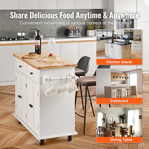 VEVOR Kitchen Island Cart with Solid Wood Top, 35.4" Width Mobile Carts with Storage Cabinet, Rolling Kitchen Table with Spice Rack, Towel Rack, and Drawer, Portable Islands on Wheels, White | Rolling Kitchen Table with Storage Cabinet, Spice Rack, Towel