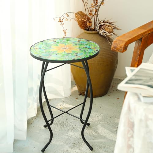 VCUTEKA Outdoor Side Table Mosaic End Patio Side Table Small End Tables Glass Top Round Balcony Coffee Tables Porch Indoor Glass Top Bee 14'' - color: Bee