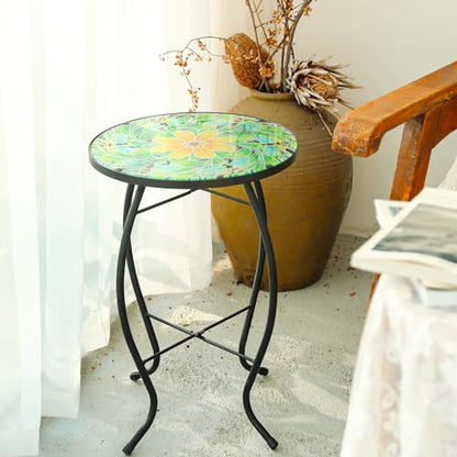 VCUTEKA Outdoor Side Table Mosaic End Patio Side Table Small End Tables Glass Top Round Balcony Coffee Tables Porch Indoor Glass Top Bee 14'' - color: Bee