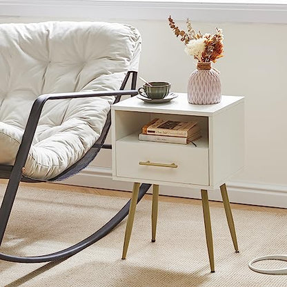 IBUYKE Nightstand, Mid Century Modern Night Stand, Bedside Table with Drawers and Open Storage Shelf, End Side Table with Metal Legs, for Bedroom, Small Spaces, White UWNS004W - color: White