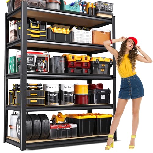 71.2" H Garage Shelving 5T Storage Shelves, Metal Adjustable Shelving Unit, Utility Garage Organizer Shelf for Basement, Pantry, Kitchen, Warehouse, 46" Wx18 Dx71.2 H, Black - size: 5-Wood-17.7"Dx45.6"Wx71.2"H