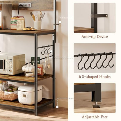 SUPERJARE Bakers Rack with Power Outlets, Microwave Stand, 31.5 X 16.5 Inch Larger Desktop, Kitchen Storage Rack with Adjustable Middle Shelf, 6 S-Shaped Hooks, Coffee Bar Stand, Rustic Brown - color: Rustic Brown, size: 31.5 inch