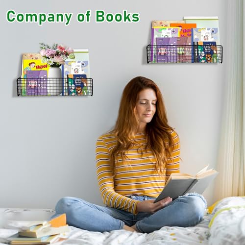 5-Pack Black Metal Wall Mounted Kids Bookshelf, Modern Style, 5 Shelves, Hanging Book Shelf Organizer for Kids Room, Bedroom, Kitchen, Nursery - color: Black