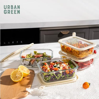 Urban Green Glass Food Storage Containers with Glass Lids, Microwave Safe Food Container Set, Aitight Meal Prep Container Set, LeakProof, 100% Plastic Free, 5 Pack - color: Ivory White -5p