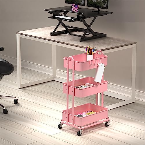 Simple Houseware 3-Tier Heavy Duty Metal Utility Rolling Cart, Pink - color: Pink