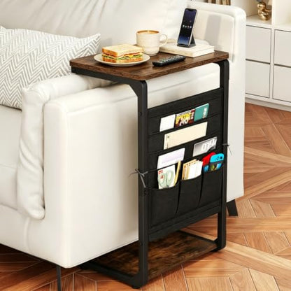 Couch End Tables Set of 2 Pack TV Trays Dinner Eating Tray Sofa Side Table Wood Pedestal TV Tables for Eating on Couch Side Trays that Slide Under Food Snack Small C Shaped Stand Living Room ET-P-BRW2 - color: Rustic Brown