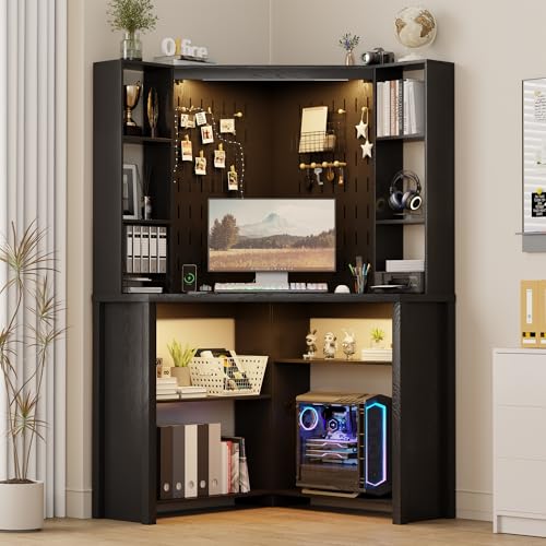 Corner Computer Desk with Hutch and Shelves & Power Outlet for Home Office | Black Color, Pull-out LED Reading Light, 2 AC Outlets & Type-C Charging & USB Port, 3 Color Lights, 6-Tiers Open Shelves - color: Black