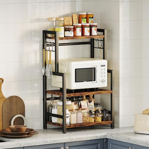 Kitchen Countertop Organizer,3 Tier Large Spice Rack Organizer with Adjustable Shelf and 5 Hooks,Wooden Counter Organizer,Space Saving Countertop Shelf Microwave Stand for Kitchen,Bathroom,Coffee Bar - color: Vintage, size: Small
