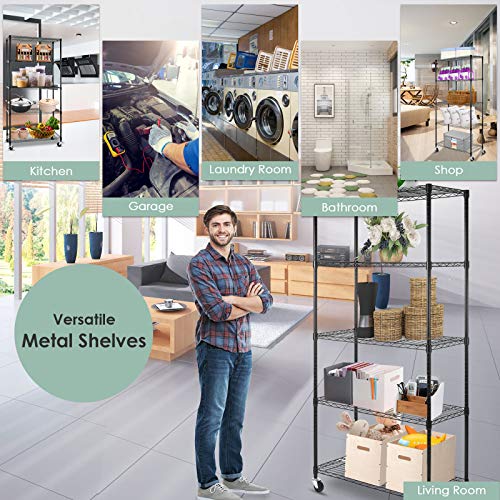 WDT 5-Shelf Shelving Units on Wheels Casters, Adjustable Heavy Duty Metal Shelf Wire Storage Rack for Home Office Garage Kitchen Bathroom Organization(16”Wx36”Dx75”H), Black - size: 5Tier 36"W x 16"D x 75"H