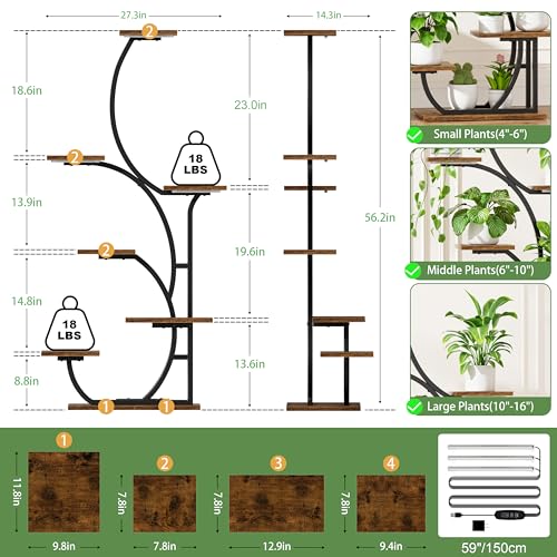 Plant Stand Indoor with Grow Lights, 7 Tier Lighted Corner Plant Shelf, 57" | Tall Plant Stands with Full Spectrum Light for Growing, Metal S-Shaped Flower Display Holder for Home, Office, Black