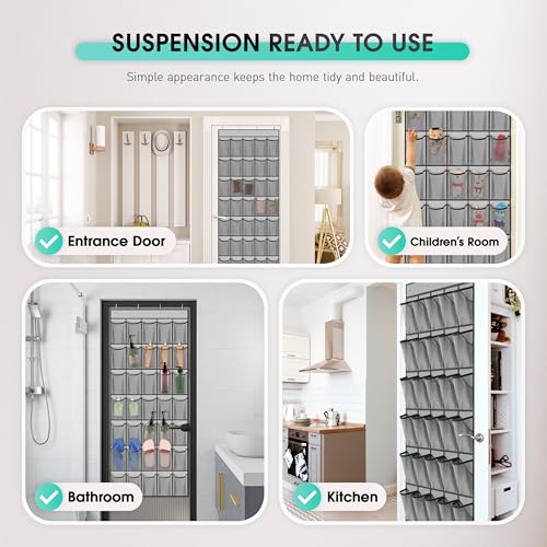 WVM Over the Door Shoe Organizer with 35 Breathable Mesh Pockets, Hanging Shoe Organizer for Door with 4 Metal Hooks, Large Capacity Closet Storage for Shoes, Accessories, Grey - style: Grey