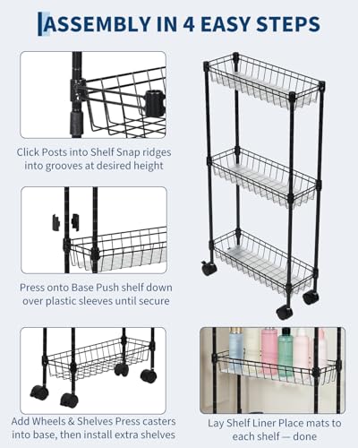 4-Tier Slim Rolling Storage Cart, 5.91" Wide Narrow Metal Utility Cart on Wheels, Multi-Functional Adjustable Shelving Unit with Anti-Fall Pads for Kitchen Gap, Bathroom, Laundry Room, Black - size: 3-tier