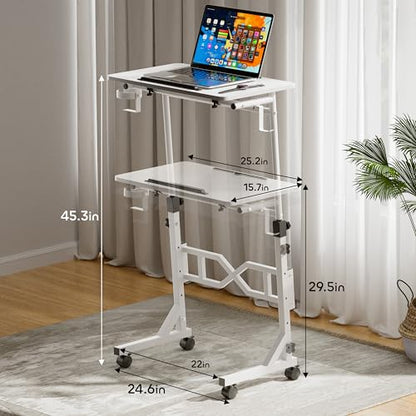 Oransail Small Standing Desk with Wheels, 29.5-45.3 Inch Adjustable Height, Portable Treadmill Desk, Rolling Computer Table for Walking Pad with a Cup Holder and a Hook - color: White