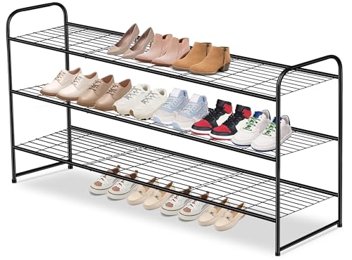 AOODA Long 3 Tier Metal Shoe Rack for Closet Wide Stackable Shoe Storage Organizer for Entryway, Bedroom, Floor, 24-Pairs Men Sneakers Shoe Shelf with Wire Grid, Black - color: Black, size: 11.4 x 42.7 x 24.4