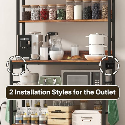 Kitchen Baker’s Rack with Power Outlet, 5-Tier Free Standing Storage Shelf Rack with Hooks, Kitchen Shelves with Storage,Industrial Microwave Stand Shelf for Dining Room,Coffee Bar for Spaces - size: with power outlet