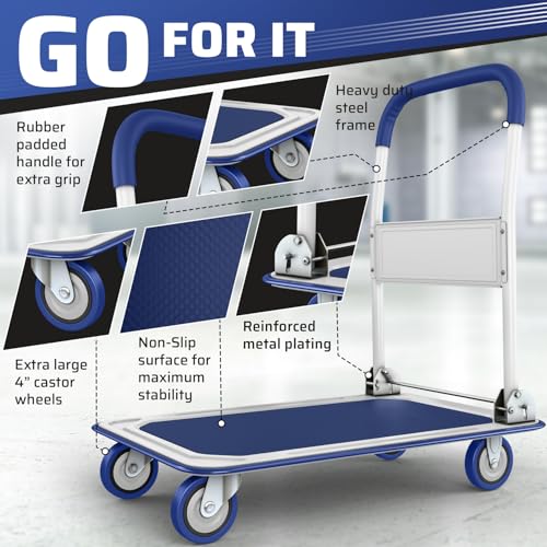 Heavy Duty Foldable Push Cart Dolly | 660 lbs. Capacity | Upgraded Collapsible Hand Truck Folding Platform with Swivel Wheels | Flat Bed Moving Wagon | Space Saving Push Handle (Blue) - color: Blue, 660 Lbs. Capacity