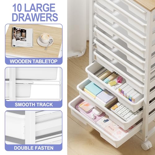 SYKIARIOL Rolling Cart with Drawers,10 Drawer Rolling Cart,Storage Cart with Wheels,Utility Cart with Drawers,Teacher Cart for Classroom Storage,Craft Cart with Wheels and Wooden Tabletop,White - color: white