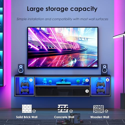 sogesfurniture 55'' Floating TV Stand Wall Mounted with Lights, Floating Entertainment Center with Lights, Modern Media Console with Storage, Wall Mounted LED TV Stand for Living Room, Black - size: 55"-Black