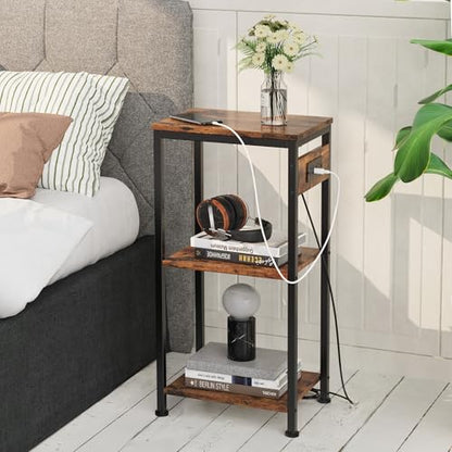 Side Table with Charging Station, Nightstand with USB Ports and Outlets, Tall Side Table with 3 Storage Shelves, Small Entry Table for Living Room, Bedroom, Sofa Couch, Hallway, Office, Rustic Brown - color: Rustic Brown, style: With Outlet
