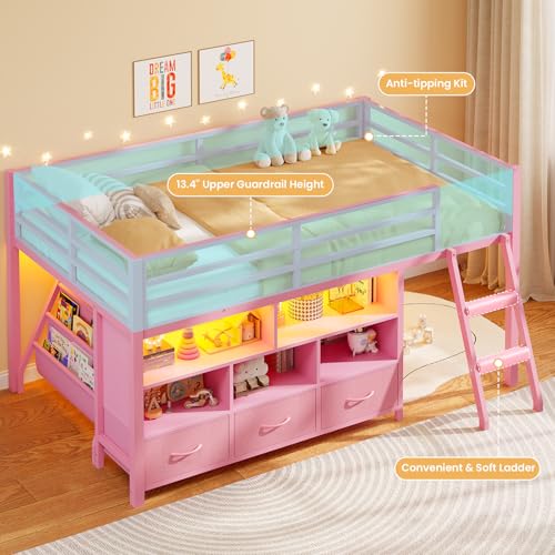 BTHFST Low Loft Bed Twin Size with 3 Storage Drawers, 3-Tier Kids Bookshelf, 5 Open Cubbies and 2 LED Lights Strips, Metal Kids Loft Bed with High Safety Guardrail, Inclined Ladder and Play Area - color: Pink