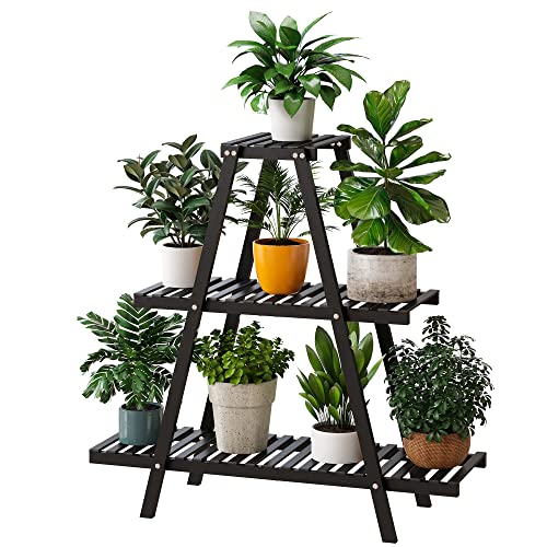 Bamboo Plant Stand Indoor/Outdoor, 3-Tier, Black, Rectangular, 8 Potted Flower Holder Ladder Plant Rack - color: Black