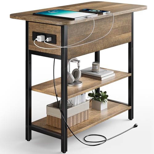 Yoobure End Table with Charging Station, Flip Top Side Table with USB Ports and Outlets, Sofa Couch Table Bedside Table for Living Room Bedroom, Narrow Nightstand with Storage Shelves for Small Space - color: Oak