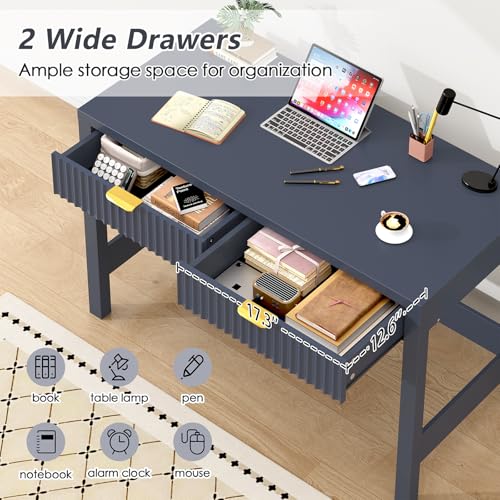 YOMILUVE Fluted Computer Desk with 2 Drawers, 39 Inch Small Computer Desk with Storage, Compact Writing Study Desk for Small Spaces, Blue - color: Blue
