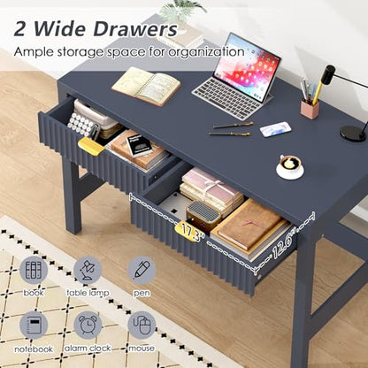 YOMILUVE Fluted Computer Desk with 2 Drawers, 39 Inch Small Computer Desk with Storage, Compact Writing Study Desk for Small Spaces, Blue - color: Blue