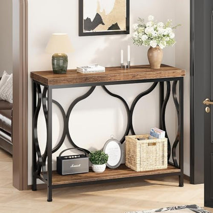 IBF 39.4" Narrow Console Table, Farmhouse Entryway Table in Living Room Hallway Foyer Entrance, Industrial Wood Metal Sofa Table Entry way Behind Couch Tables with 2-Tier Storage Shelves, Rustic Brown - color: Rustic Brown Oak, size: 39 Inch