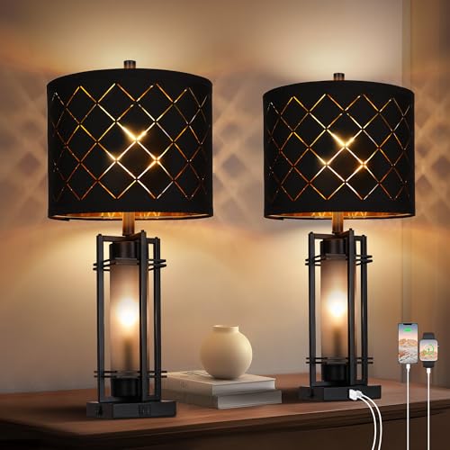 Modern Table Lamp Set of 2, Nightstand Lamps with Black Grid Shade, Bedside Lamps with USB A+C Charging Ports, Decorative Table Lamp, Square Base, Desk Lamps for Living Room, Bedroom, 2 Bulbs Included - color: Black