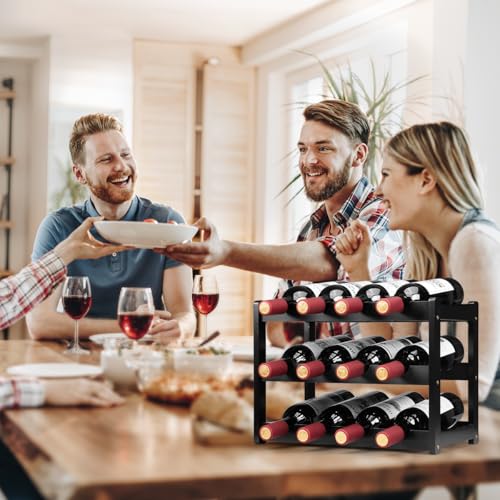 Bamboo Wine Rack, Sturdy and Durable Wine Storage Cabinet Shelf, Wine Racks Countertop for Pantry - 3 Tiers 12 Bottle Wine Rack, Black - color: 3 Tier Black