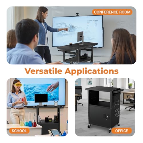 Mobile AV Cart with Push Handles, Heavy Duty Rolling Media Cart with Customized Pegboard & Hooks, Multipurpose Utility Cart with Extra Storage Space, 4 Outlets - size: Style 3 31.5Dx18Wx40H