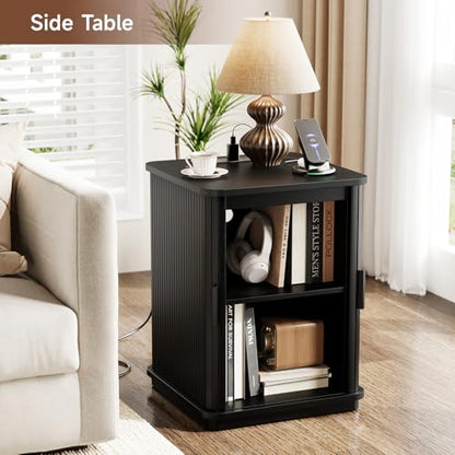 ONBRILL Square End Table with Charging Station, Fluted Storage Nightstand | Mid-Century Modern Accent Side Table with Sliding Door & Sturdy Pedestal, for Small Space, Living Room, Bedroom, Walnut - color: Black