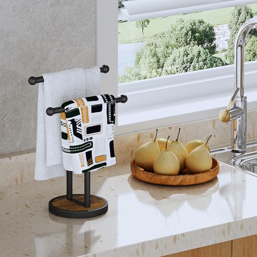 YINMIT Hand Towel Stand with Heavy Wood Base, Free Standing Towel Rack Double T-Shape Hand Towel Holder for Bathroom, Countertop Towel Holder for Bathroom, Kitchen, Countertop Vanity - color: Rustic Brown 2 Tier