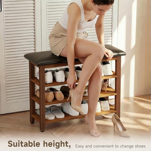 Shoe Bench with Leather Cushion,Rubberwood Bench with Shoe Rack | 3-Tier Shoe Storage Organizer for Entryway,Hallway,Living Room - size: 3-Tier-31.5"