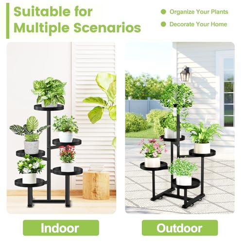 5 Tier Metal Heavy Duty Plant Stand Indoor Outdoor，27In Tall,Black | 7.9In Pot,Save Space,Adjustable Foot Pad,Tiered Corner Plant Holders for Multiple Plants,Patio,Garden,Living Room, Balcony