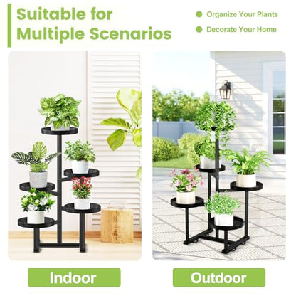 5 Tier Metal Heavy Duty Plant Stand Indoor Outdoor，27In Tall,Black | 7.9In Pot,Save Space,Adjustable Foot Pad,Tiered Corner Plant Holders for Multiple Plants,Patio,Garden,Living Room, Balcony