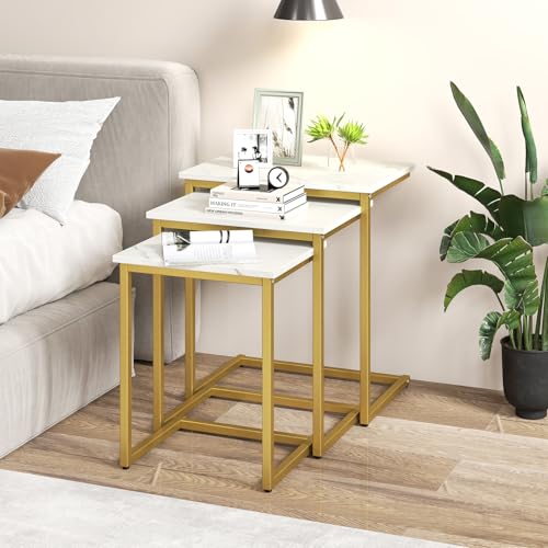 GOFLAME Nesting Coffee Tables Set of 3, Rectangular Nesting Center Table with Faux Marble Top & Metal Frame, Modern C-Shaped Nested Side Table Set for Living Room, Bedroom, Gold & White - color: Gold & White
