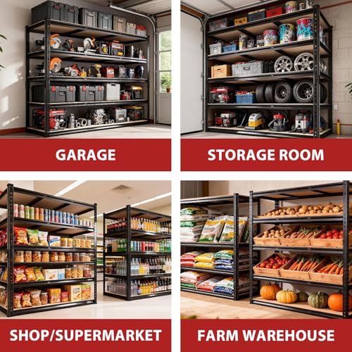 48W Garage Shelving,3250 LBS Heavy Duty Garage Shelves,5-Tier Adjustable Storage Shelves,Easy Assembly Industrial Shelving Unit for Garage,Basement,Warehouse, Pantry (72"*48"*18.9) - size: Black 72"*48"*18.9" 5T