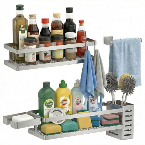 PUSDON 5-in-1 Shower Caddy & Kitchen Organizer Set, Wall Mount Wide Spice Rack with Paper Towel Holder, Utensil Holder, Soap Dish, Rustproof Mesh Baskets Hold 50LBS - Silver Gray, Guardrail - color: Silver Grey, size: 5-in-1 Minimalist (12.6" Wide)