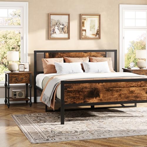GarveeHome End Table, Industrial Side Table with Storage, 2 Tiers Nightstand with Drawer, Featured Bedside for Bedroom, Living Room and Small Space, Retro Brown