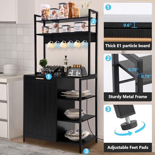 Kitchen Bakers Rack with Storage Shelf - 6-Tier Microwave Stand Oven Cabinet W/Tilting Trash Can Bin and Power Outlet, Farmhouse Thickened Coffee Bar Table Station W/6 Hooks&Adjustable feet - color: Black