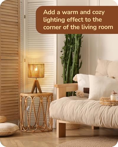 EDISHINE Small Rattan Table Lamp, Wood Tripod Bedside Lamp, Boho Nightstand Lamp for Living Room, End Table, Office, E26 Base, Natural Style - color: Rosewood Color&Vertical Stripe Shade