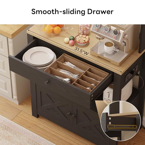 LIKIMIO Baker Rack with Spill-Safe Power Outlet & Drawer, Black | Coffee Bar Cabinet with Storage, Farmhouse Microwave Stand with Hutch and 5 Hooks for Kitchen - color: Black