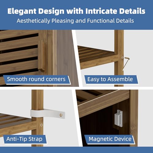 HITNET Bathroom Cabinet, Bamboo Floor Cabinet Freestanding Narrow Storage Unit with Removable Shelves, 6 Tier Tall Cabinet, Walnut - color: Walnut