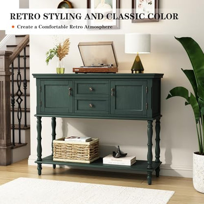 ARTPOWER Console Table with 2 Drawers, Retro Entryway Table with 2 Door | Solid Wood Veneer Entry Table, Behind Couch Sofa Table with Open Storage Shelf for Living Room, Foyer, Hallway - color: Green
