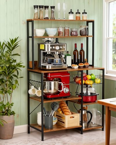 Garvee Kitchen Bakers Rack with Power Outlet, 35 * 60inch Microwave Oven Stand with Storage 4 Tiers, Coffee Bar Table with 5 S Hooks, Kitchen Storage Shelf Rack for Spices, Pots, Rustic Brown - size: 35*60