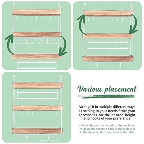 J JACKCUBE DESIGN Wall Mounted 3 Tier Wooden Jewelry Organizer Rack with Accessories Storage Shelf and 18 Metal Earring, Necklace Hooks- MK907A