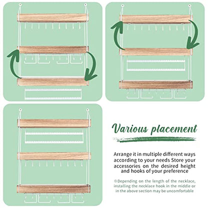 J JACKCUBE DESIGN Wall Mounted 3 Tier Wooden Jewelry Organizer Rack with Accessories Storage Shelf and 18 Metal Earring, Necklace Hooks- MK907A