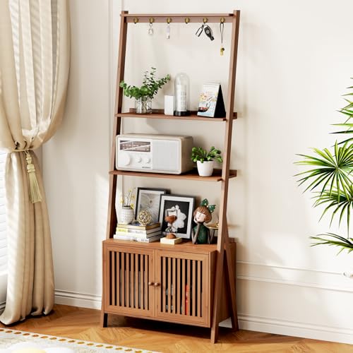 Bookcase with Drawers, 4-Tier Bamboo Bookshelf Ladder Shelf with 6 Hooks, Tall Narrow Retro Book Shelf, 24.8"L x 10.6"W x 59.5"H, Standing Storage Organizer for Living Room, Office, Bedroom, Walnut - color: 4-tier Walnut